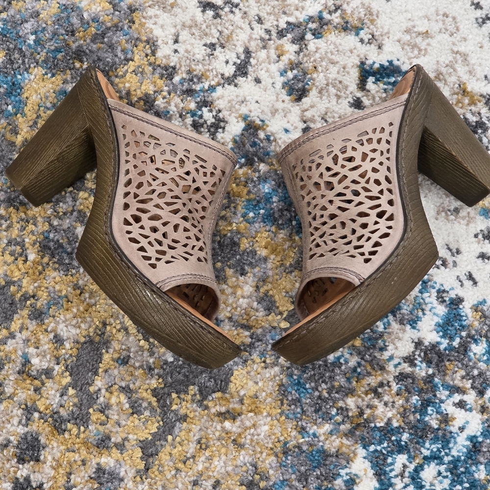 born  Leather wool taupe Laser   platform Chunky  Mules  heels  sandals